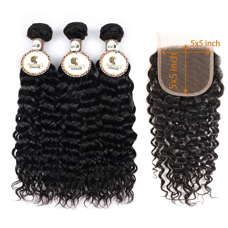 Water Wave Bundles With 5x5 Lace Closure 10A Virgin Human Hair Extension