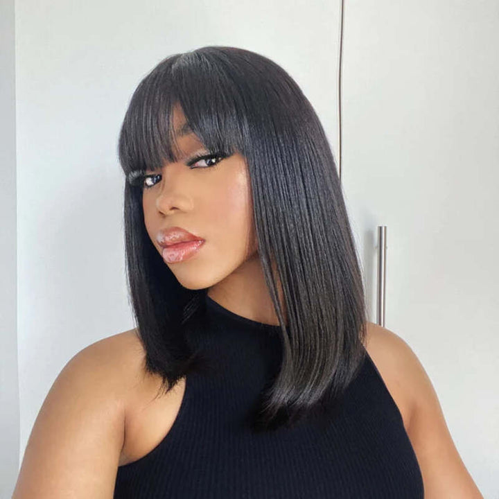 Beginner Friendly | Realistic Yaki Straight Bob With Bangs 5x5/13x6 Glueless Bob Wig