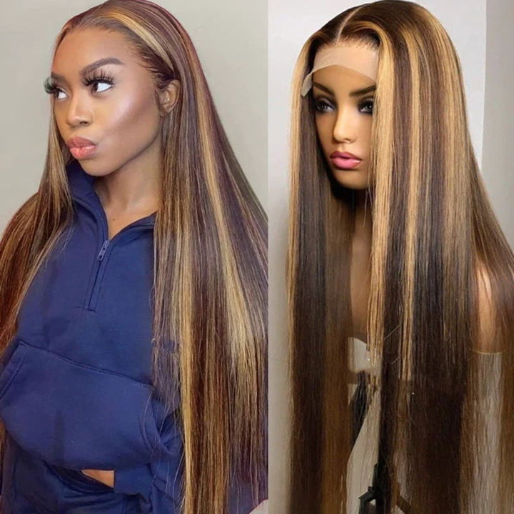 TUME #4/27 Highlight Straight HD Transparent Lace Front Wig 100% Virgin Human Hair