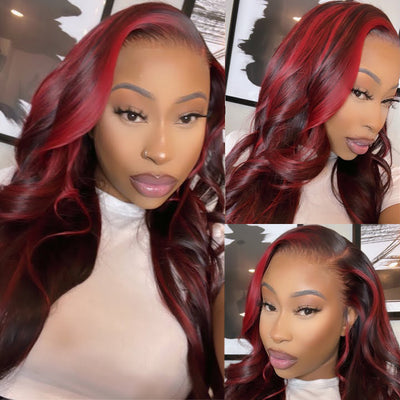 Dark Burgundy With Red Highlights Balayage Lace Front Wigs Human Hair Wigs
