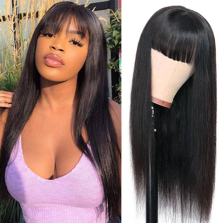 22-32Inch Machine Made Wig With Bang Straight/Body Wave No Lace Virgin Human Hair Wig