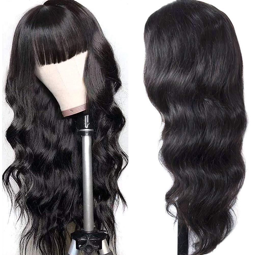 22-32Inch Machine Made Wig With Bang Straight/Body Wave No Lace Virgin Human Hair Wig