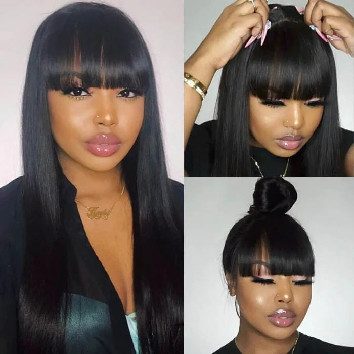 22-32Inch Machine Made Wig With Bang Straight/Body Wave No Lace Virgin Human Hair Wig