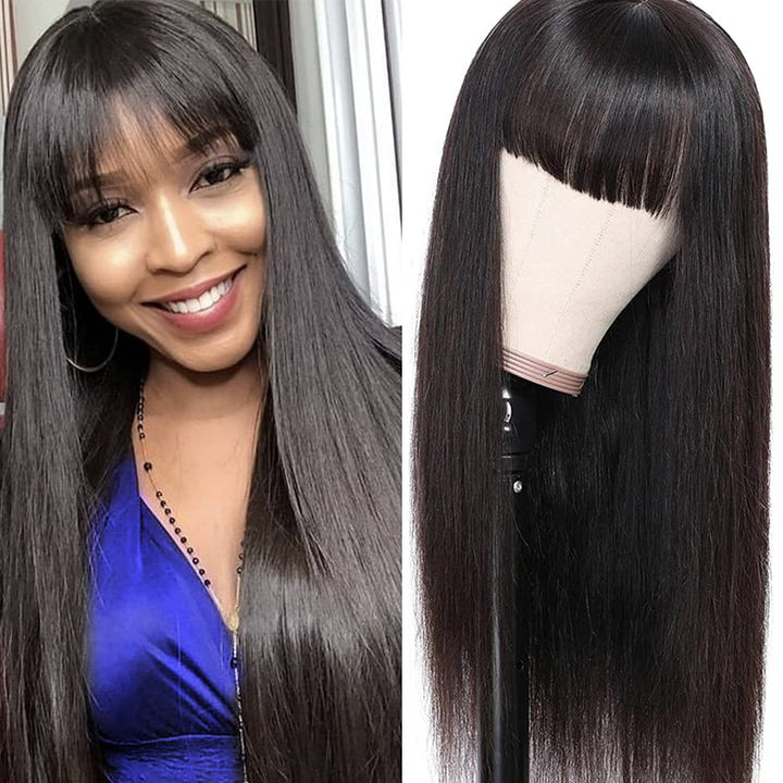 22-32Inch Machine Made Wig With Bang Straight/Body Wave No Lace Virgin Human Hair Wig